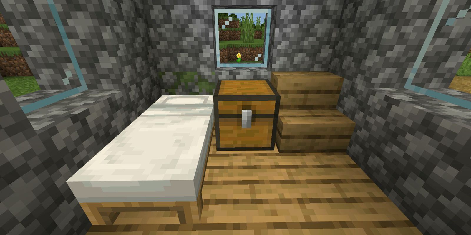 A player looking into a small villager house with a bed and chest. 