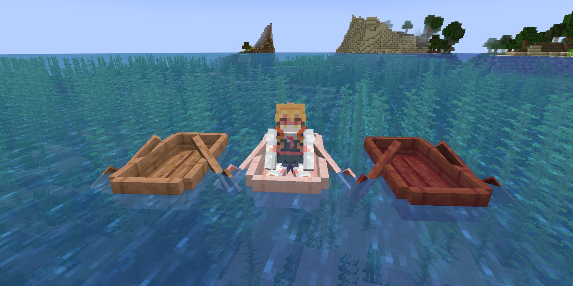 A Minecraft player sitting in boat with two empty boats next to them. 