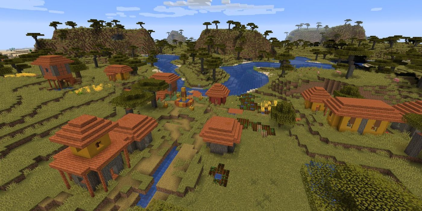 A Minecraft Savannah village aerial view.