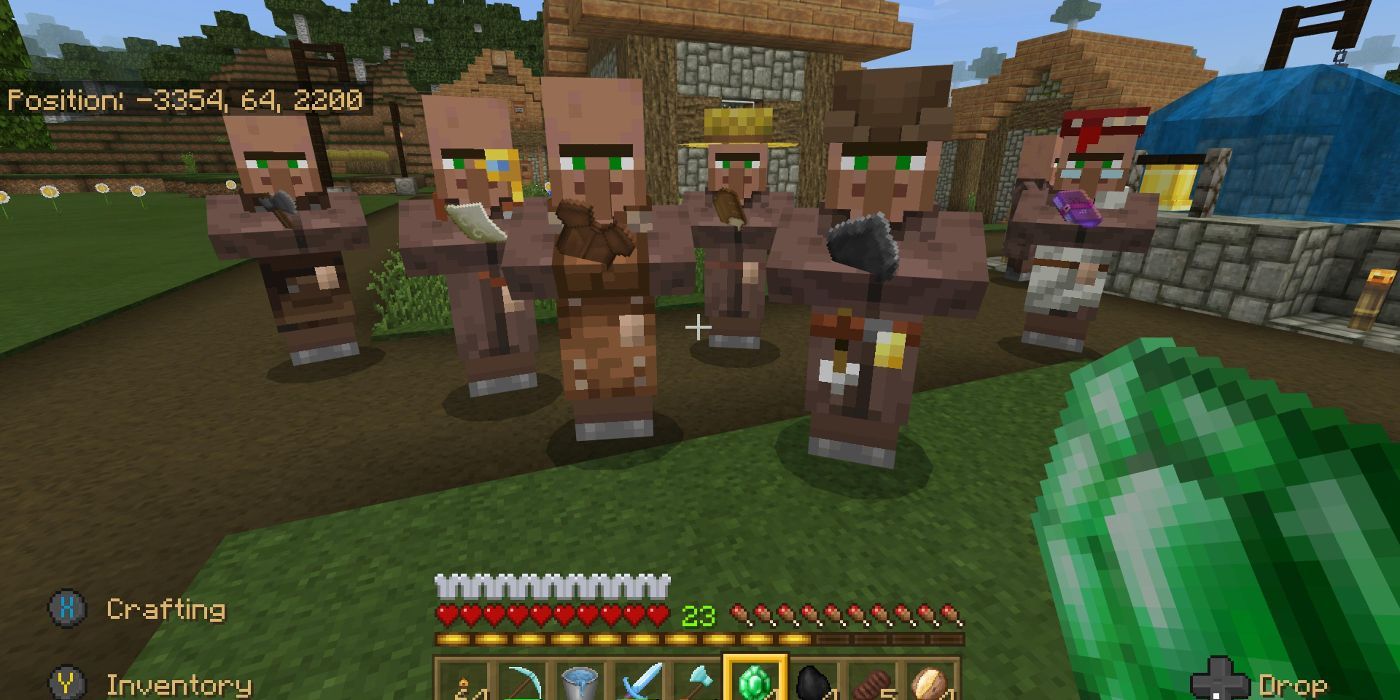 A group of villagers looking at a player in Minecraft. 