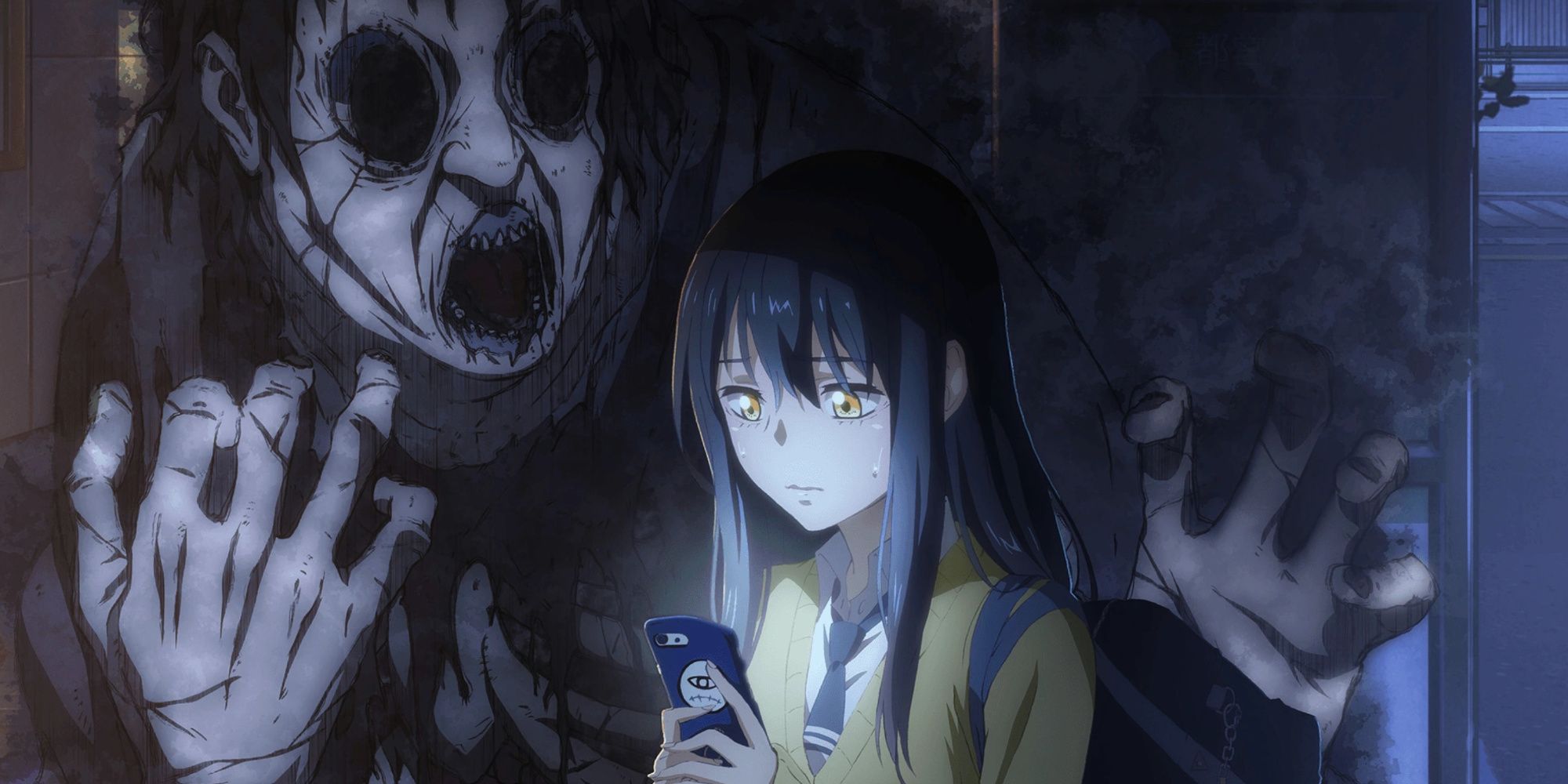 Miko Yotsuya looking at her phone with a ghost looming over her shoulder from Mieruko-chan.