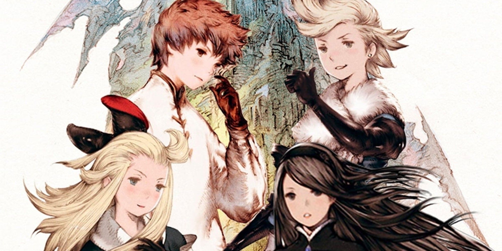 Illustration of the main party from Bravely Default in front of a castle. 