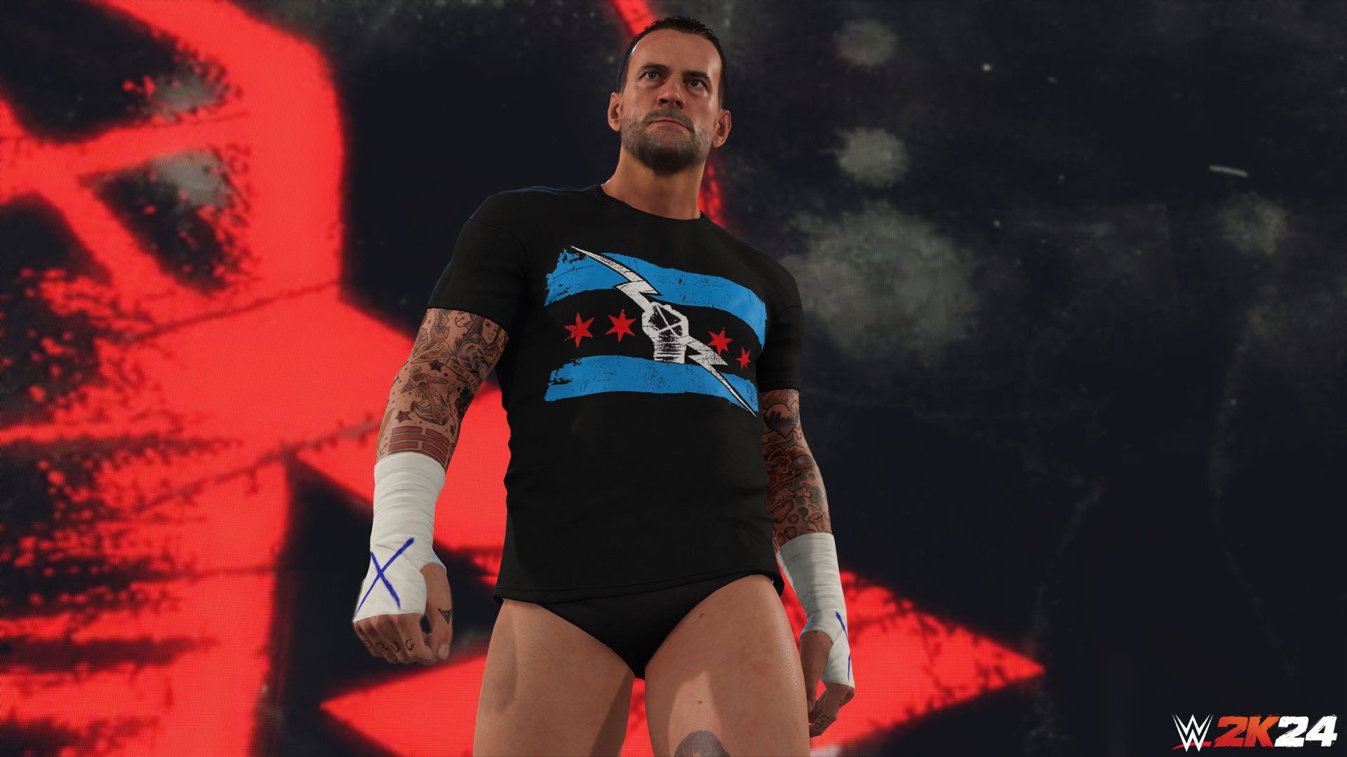 A screenshot of CM Punk's WWE 2K24 entrance.