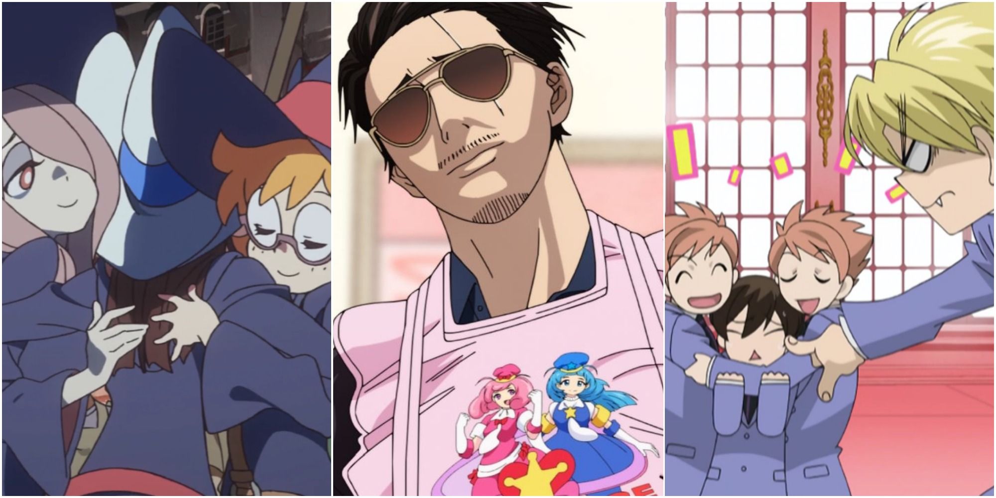 wholesome animes split image little witch academia, the way of the house husband, ouran high school host club