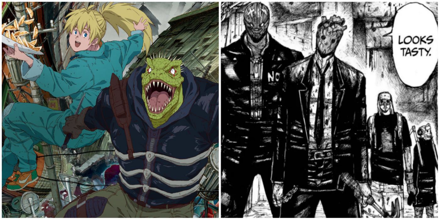 image of caiman and nikaido from the anime, and a screenshot of the manga of ebisu, fujita, noi and shin