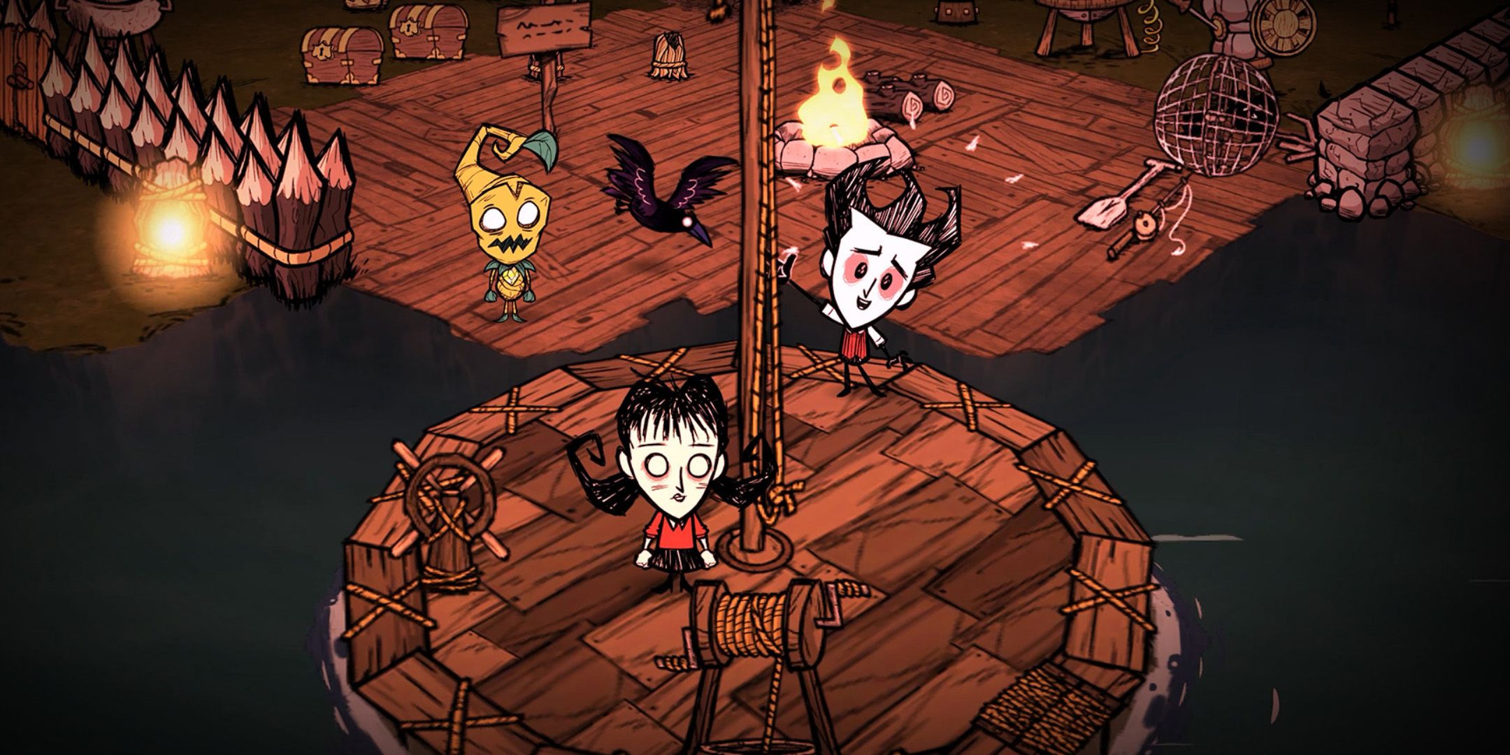 Wilson and Willow riding a boat in Don't Starve Together.