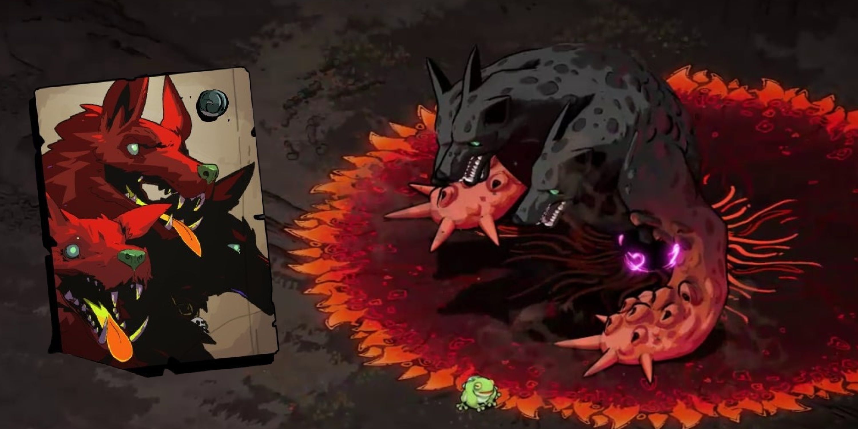 Infernal Cerberus paired with his regular portrait in Hades 2