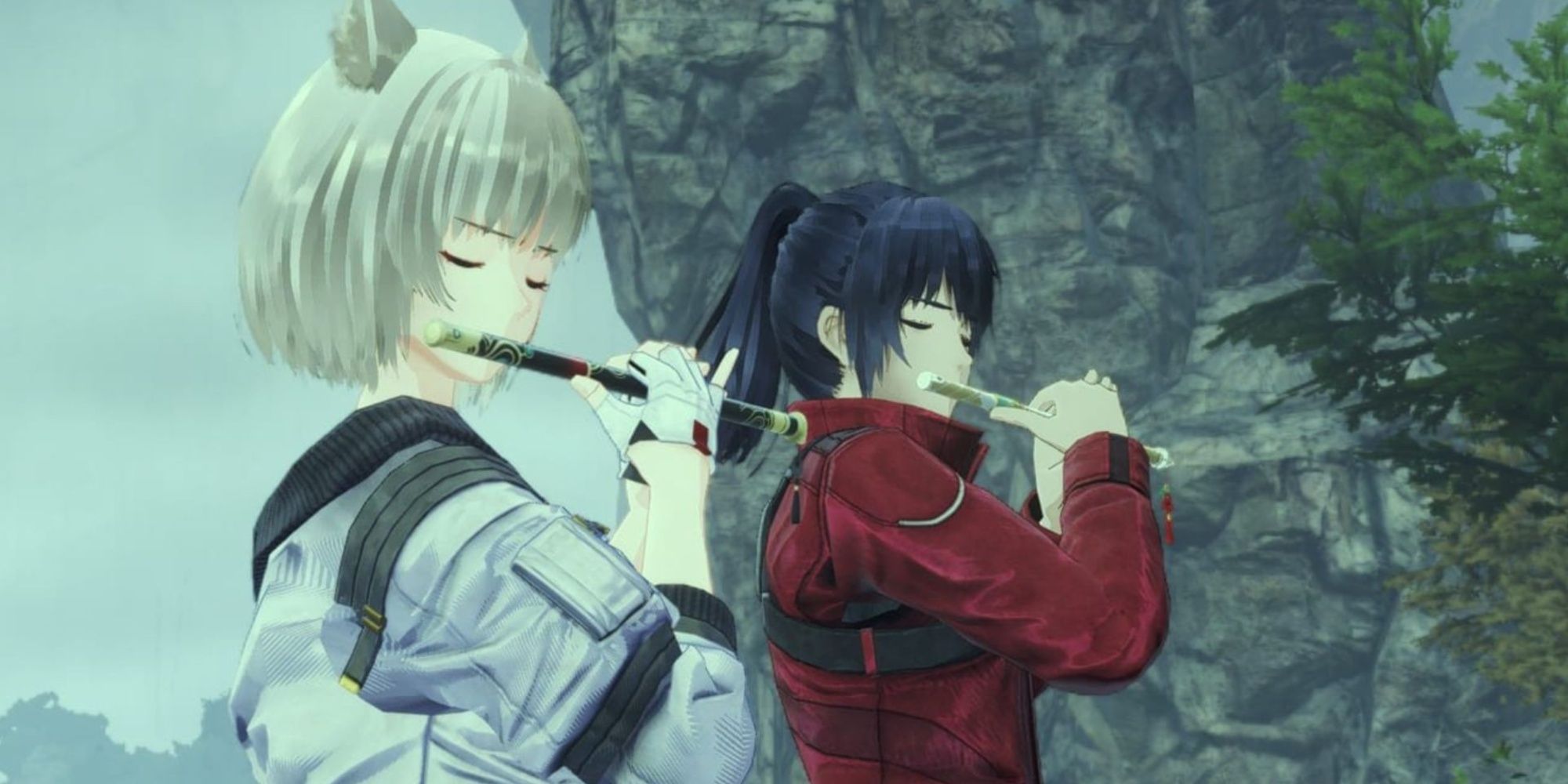 Noah and Mio playing flutes together in Xenoblade Chronicles 3.