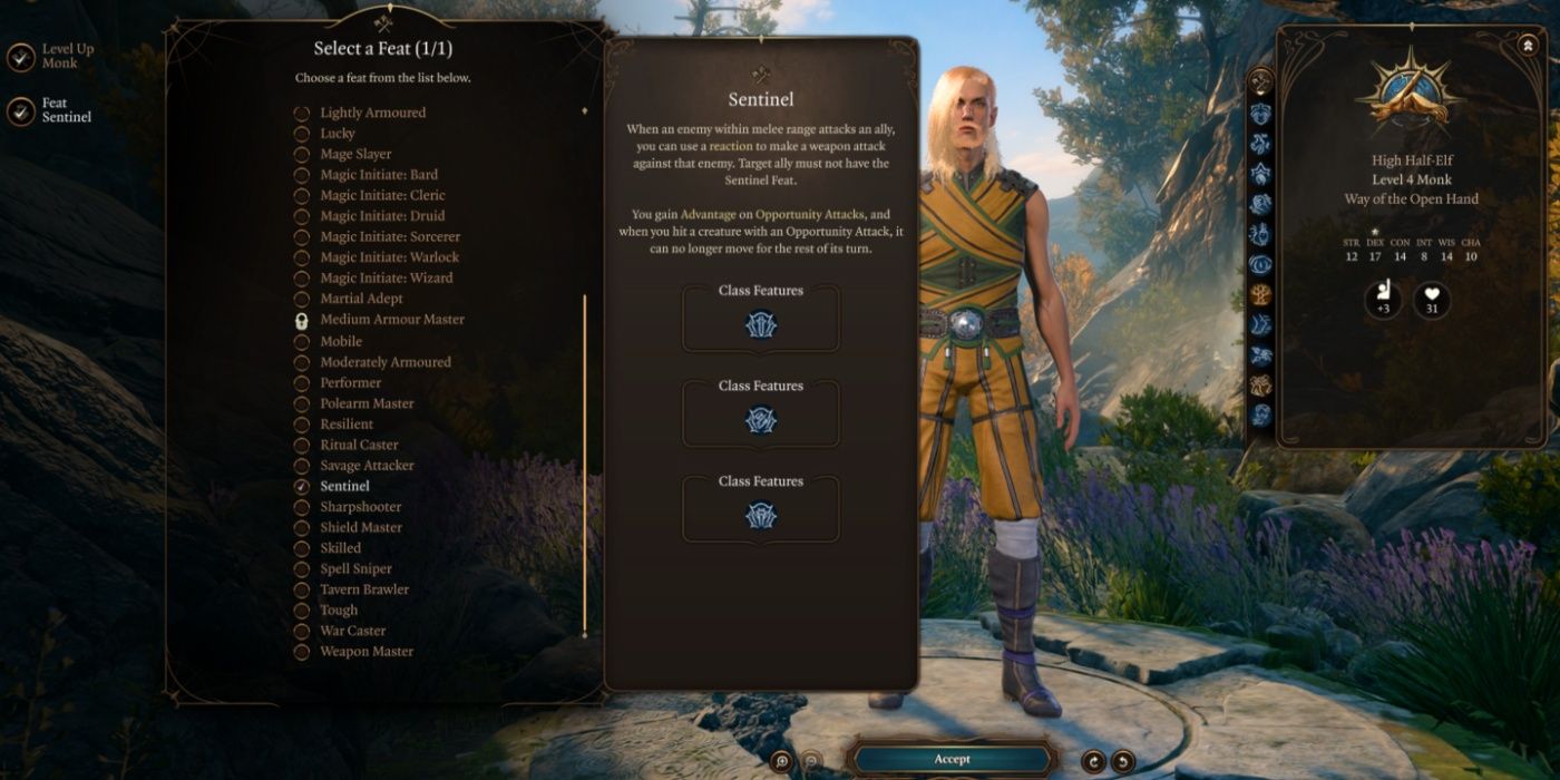 Baldur's Gate 3 feat menu displaying the sentinel feat