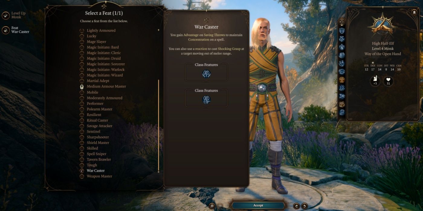 Baldur's Gate 3 menu displaying the war caster feat