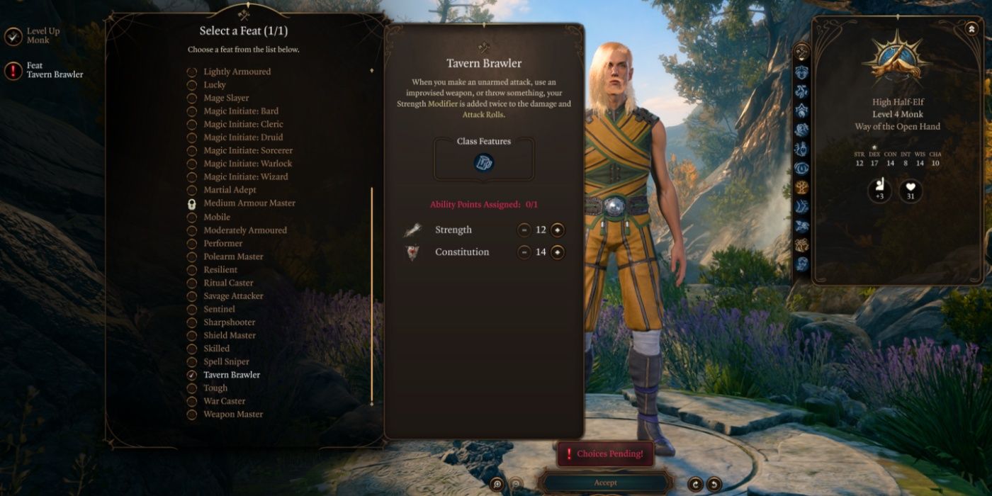 Baldur's Gate 3 feat menu displaying the tavern brawler feat