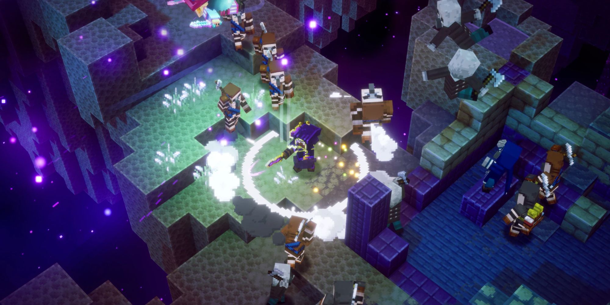 An image from the Minecraft Dungeons Echoing Void DLC, showcasing a player fighting off a horde of Illagers.