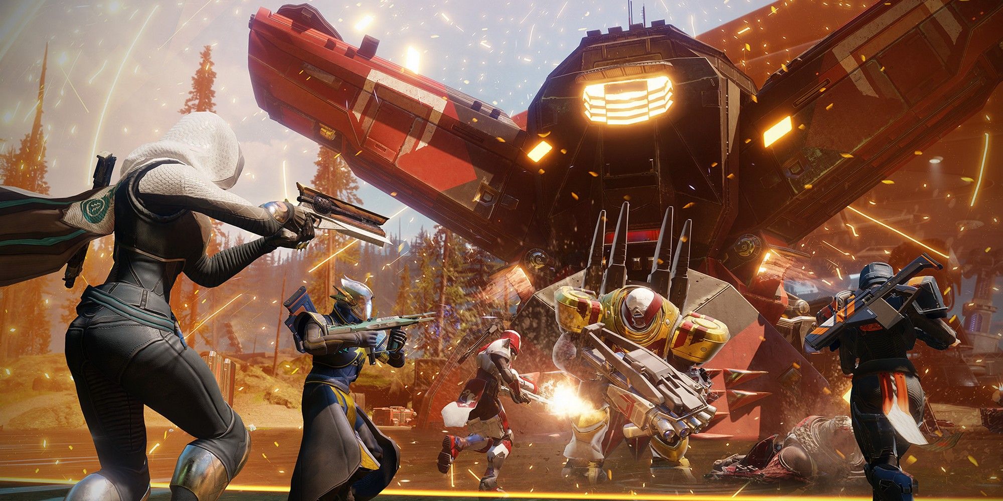 Destiny 2 screenshot of four characters shooting at boss.