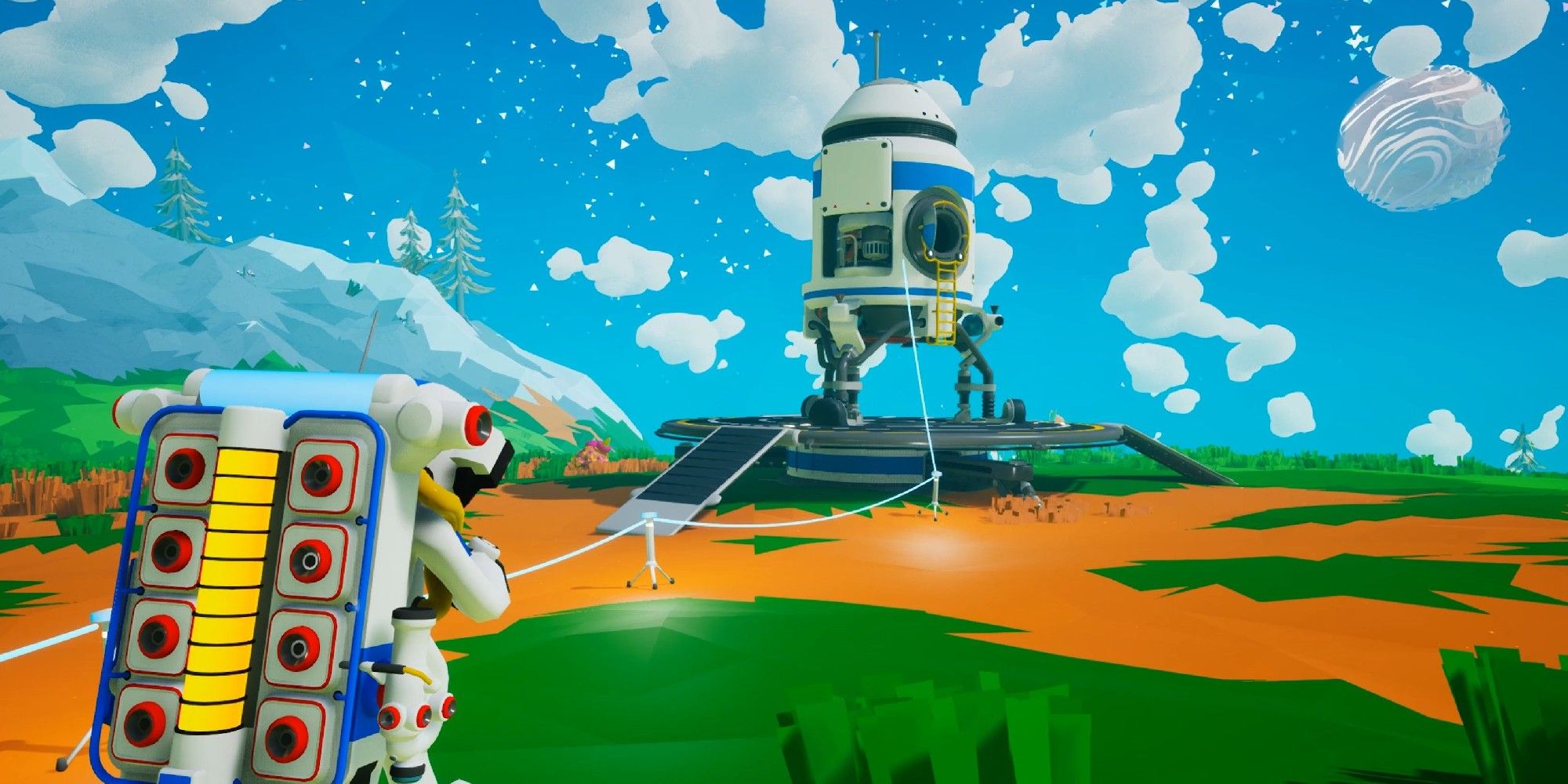 Astroneer screenshot of a spaceman looking at spacecraft.