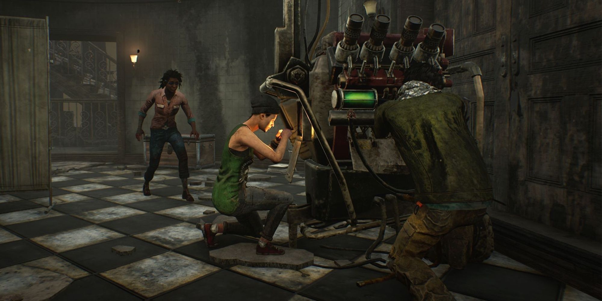 Dead By Daylight - A Trio Of Survivors Attempting To Repair A Generator Together.