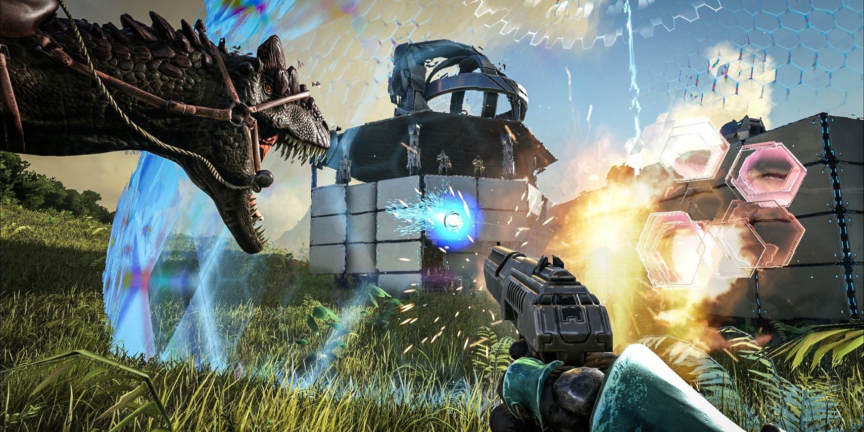 Ark Survival Evolved screenshot of player shooting barrier with Dinosaur attacking the barrier.