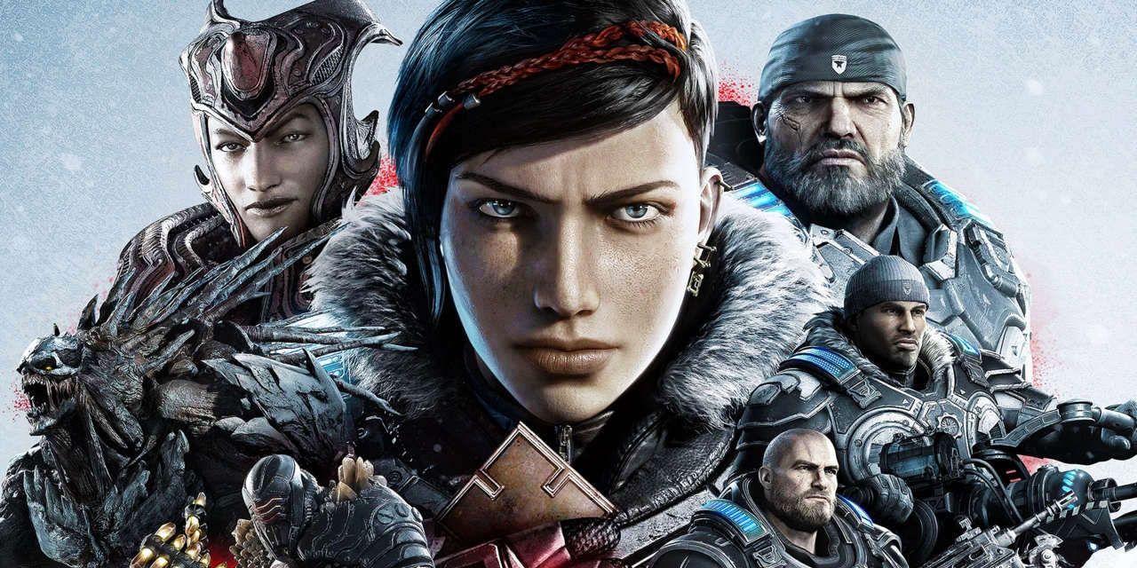 Gears 5 promo shot of Locust Queen, Kait, Marcus, Del, JD, and a Locust.