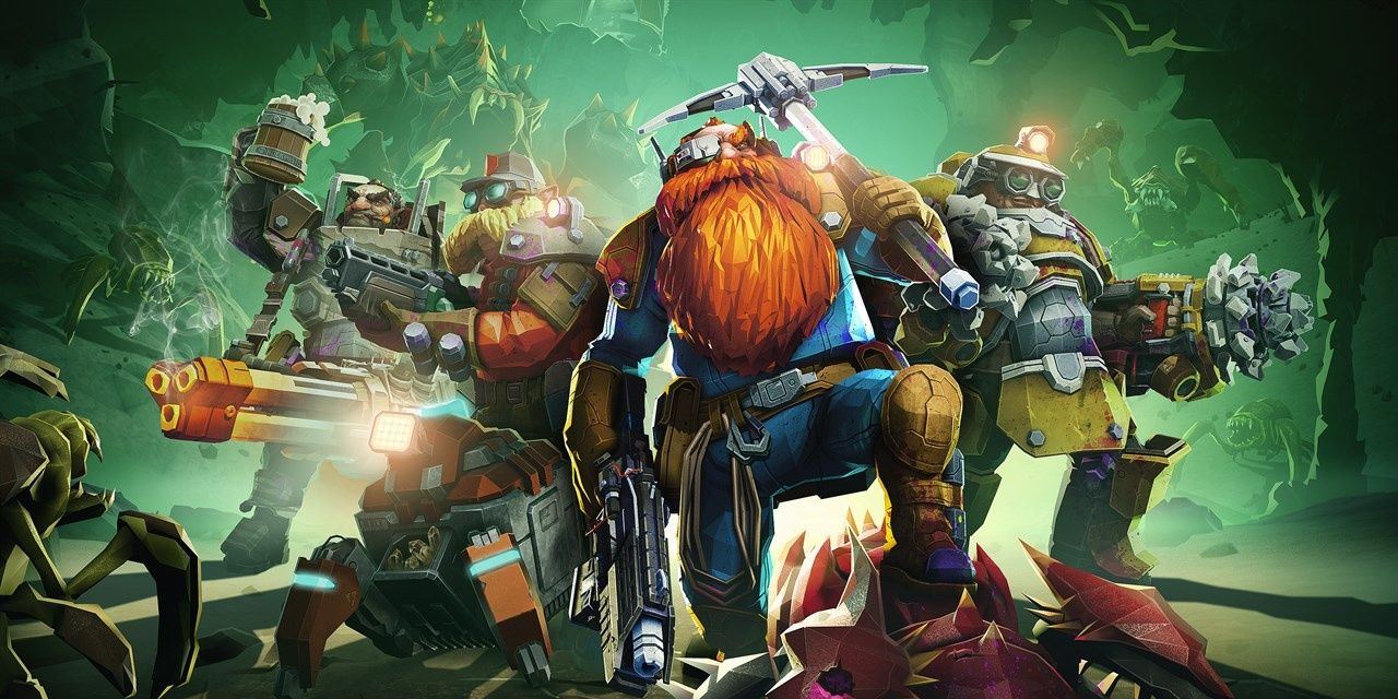 Deep Rock Galactic promotional image of dwarves stood together.