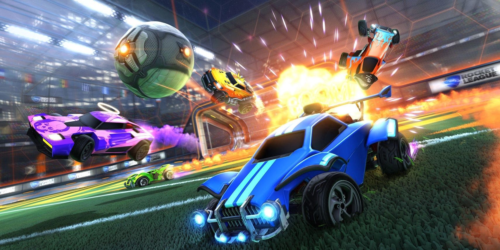 Rocket League shot of ball flying through the air with explosion in background and car in foreground.