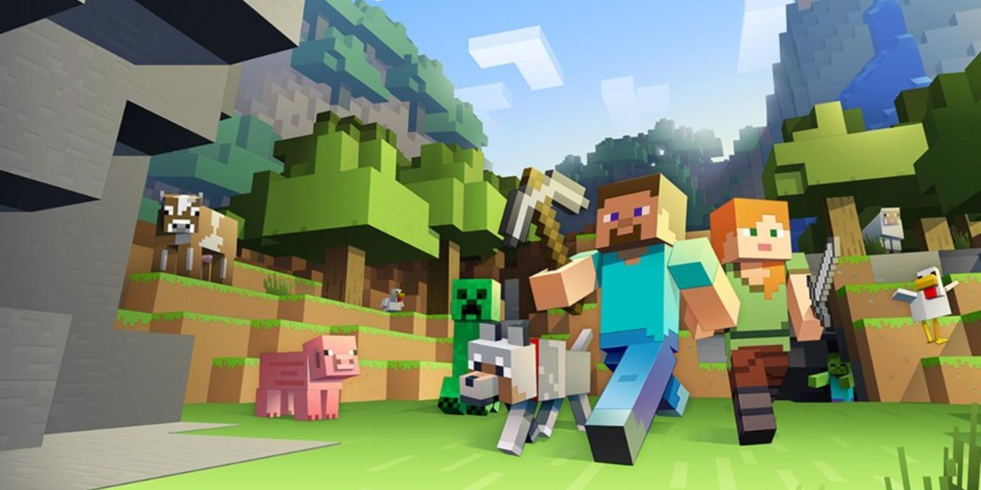 A range of characters and animals among a backdrop of trees in Minecraft.