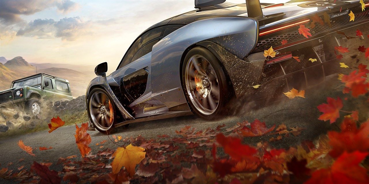 Forza Horizon 4 promo image of car near leaves.