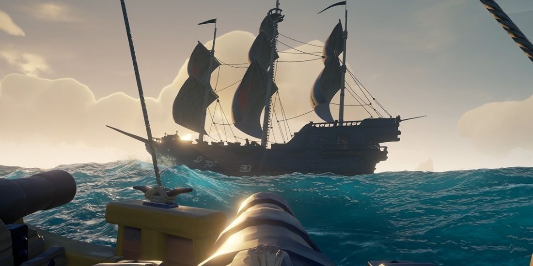 Sea Of Thieves screenshot of Pirate aiming ship cannons at another ship.