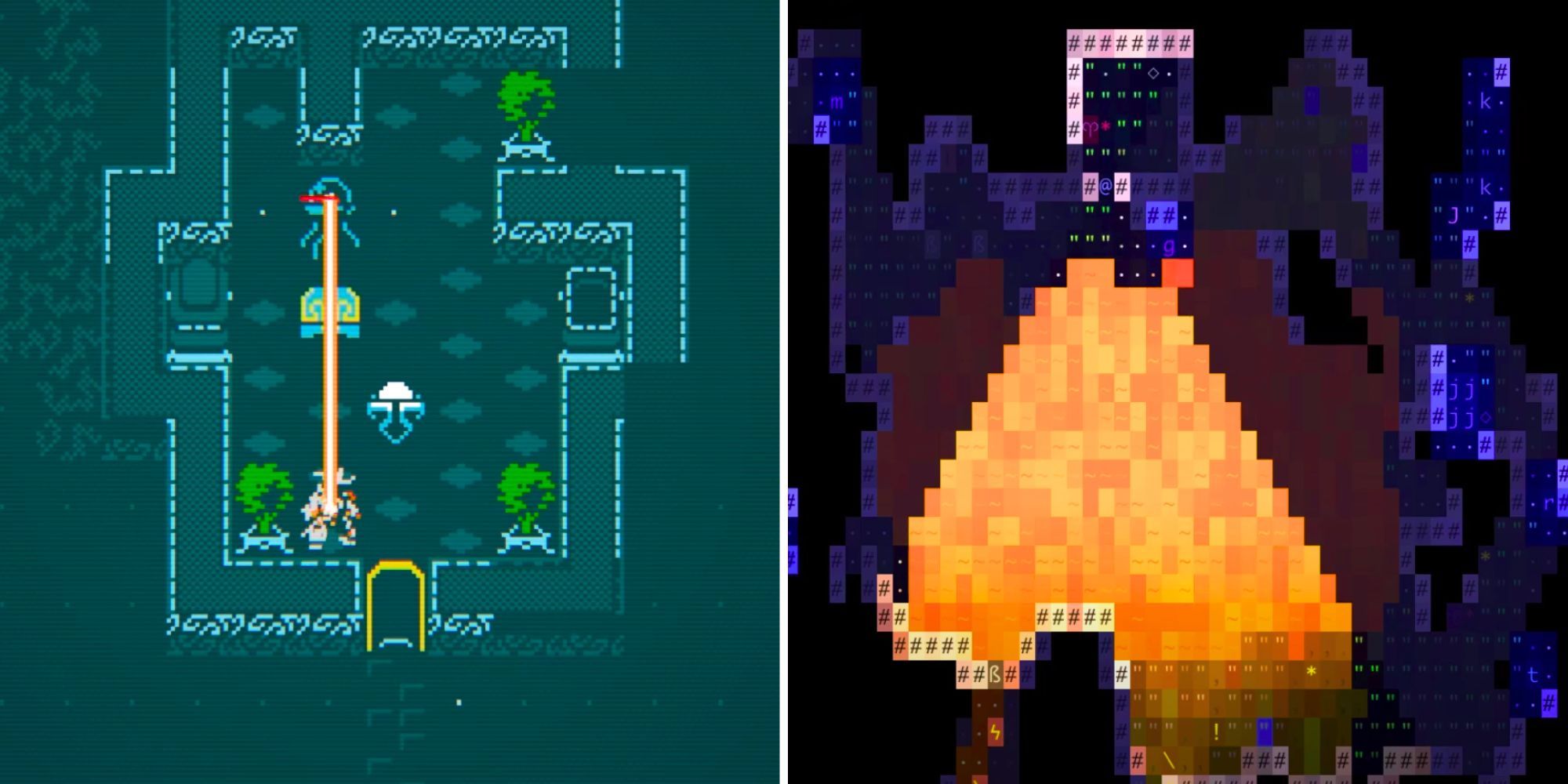 A split image of two games using ASCII and extended ASCII graphical assets, both showing different dungeon environments from top-down perspectives.