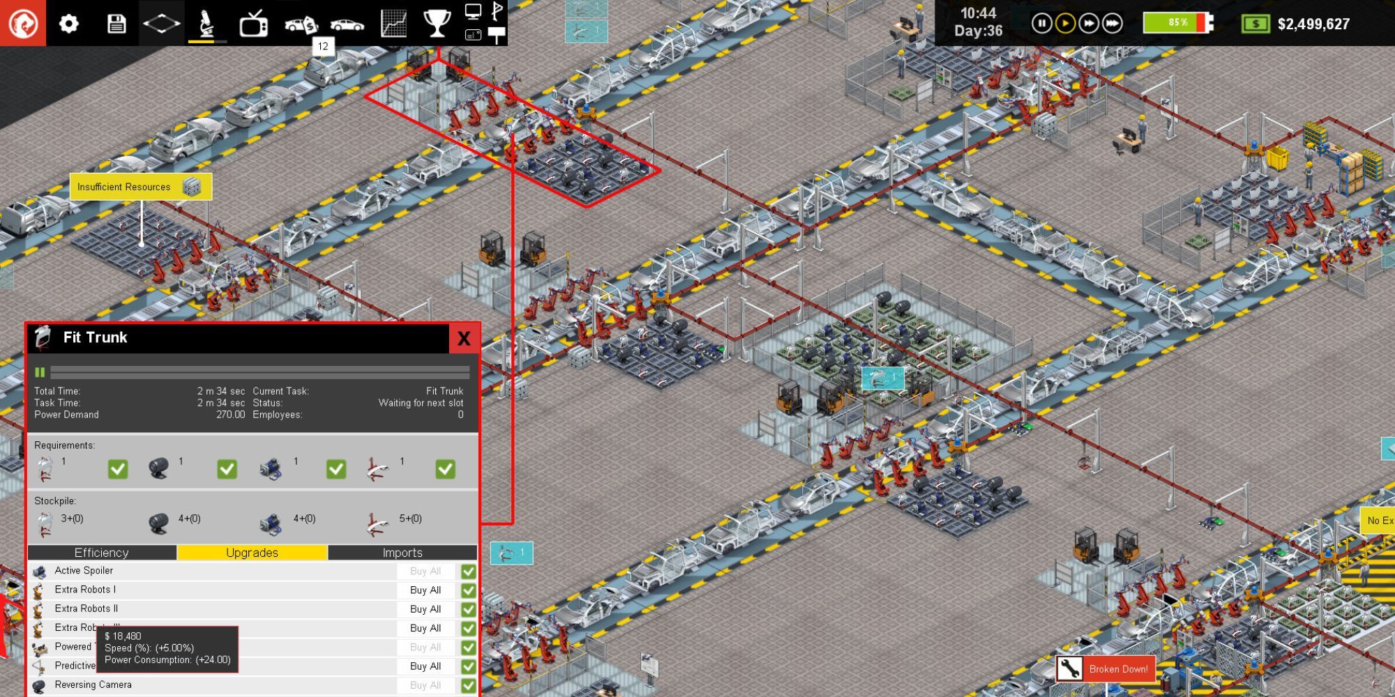 A variety of machines and conveyor belts working in Production Line: Car factory simulation