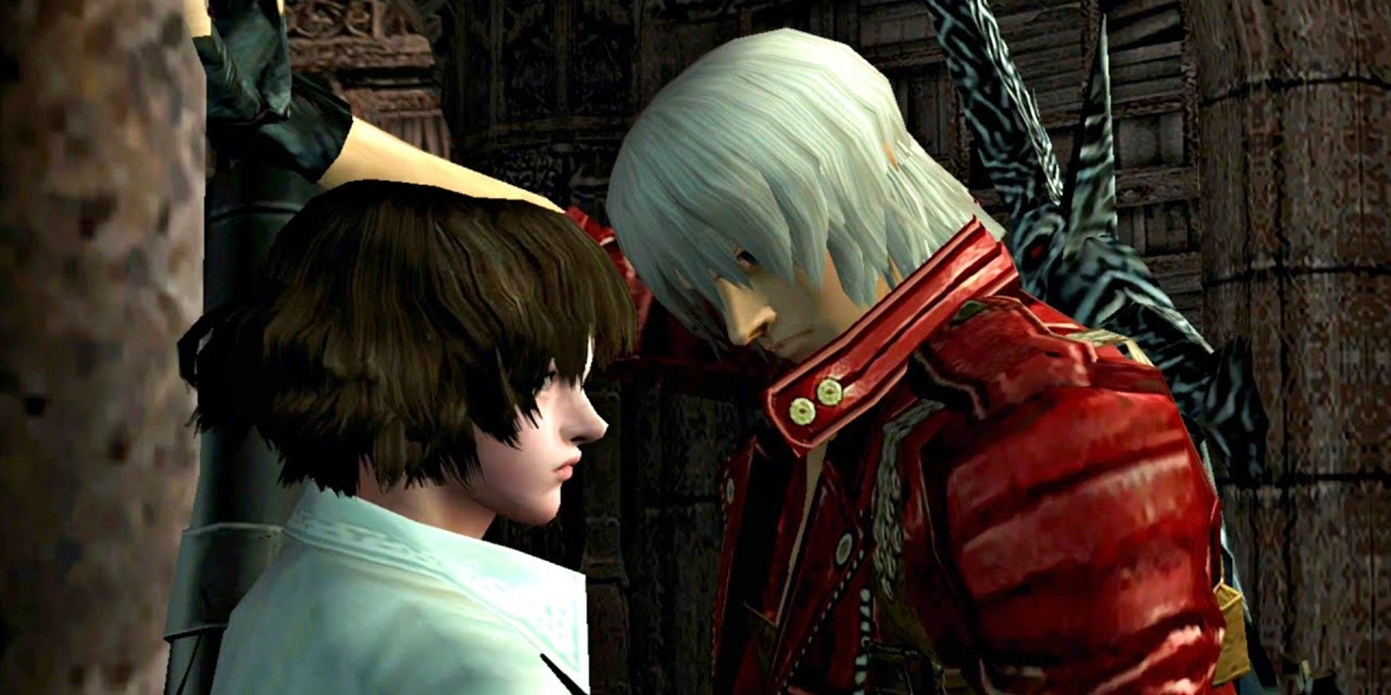 Dante presses Lady against the wall on the left in Devil May Cry 3.