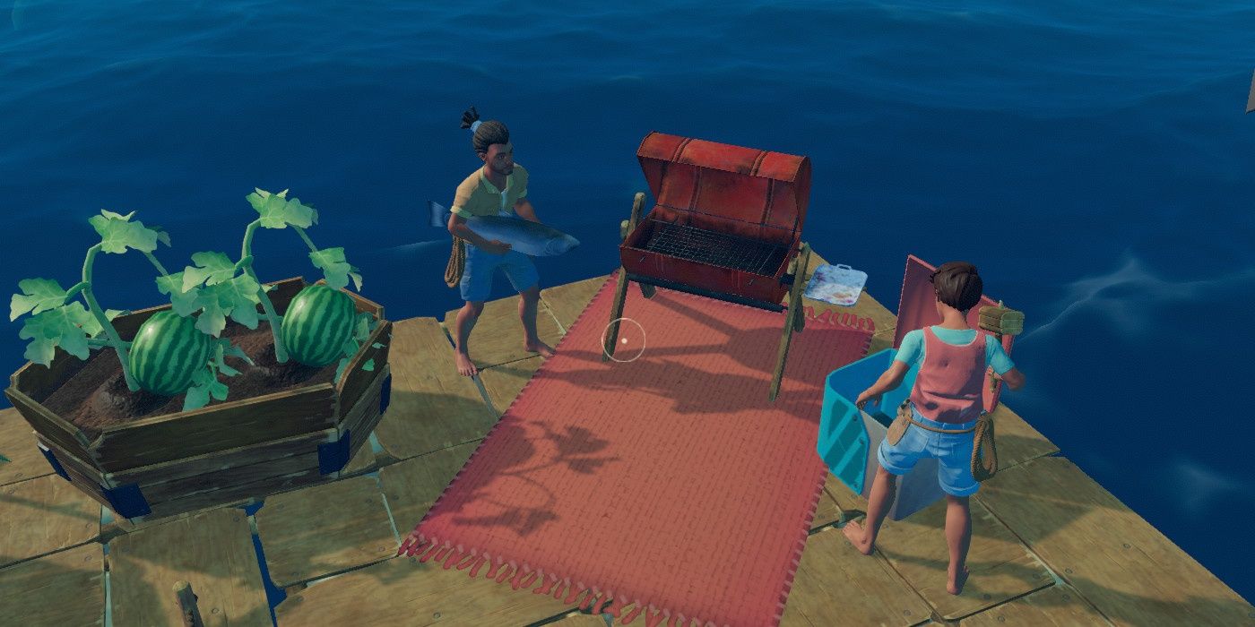 Two players are shown in multiplayer mode in Raft.