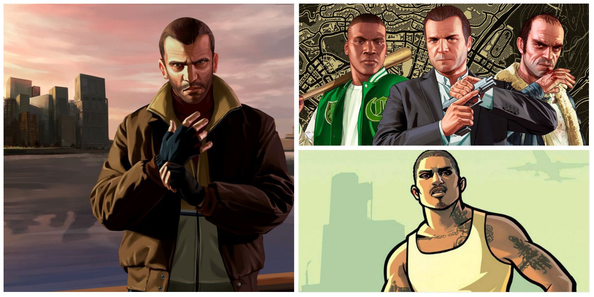 three pictures of grand theft auto in a collage