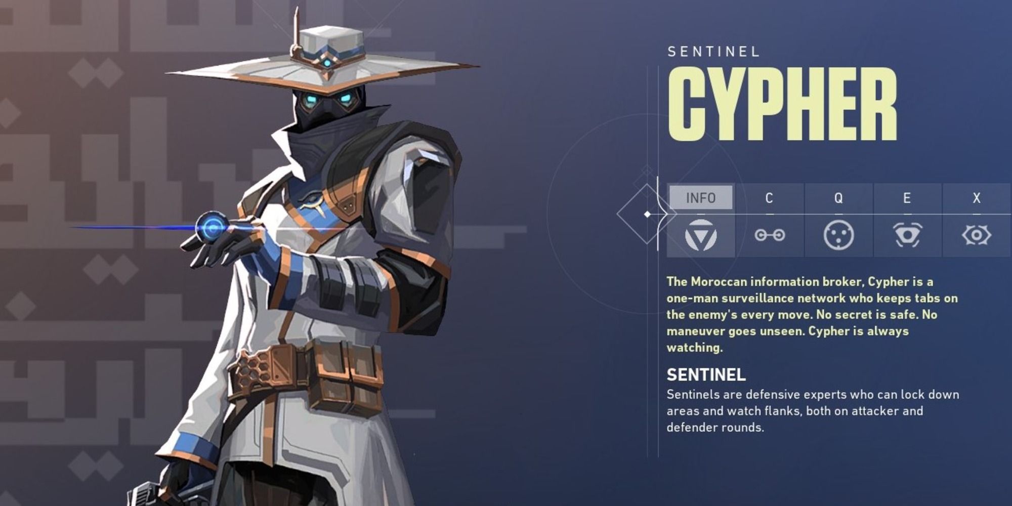 An image of Valorant's Cypher agent menu.