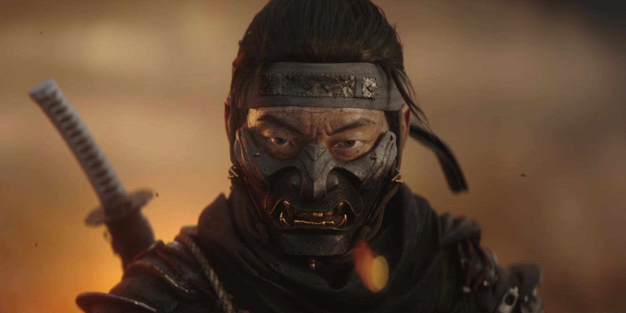 Jin with a mask in Ghost of Tsushima's launch trailer.