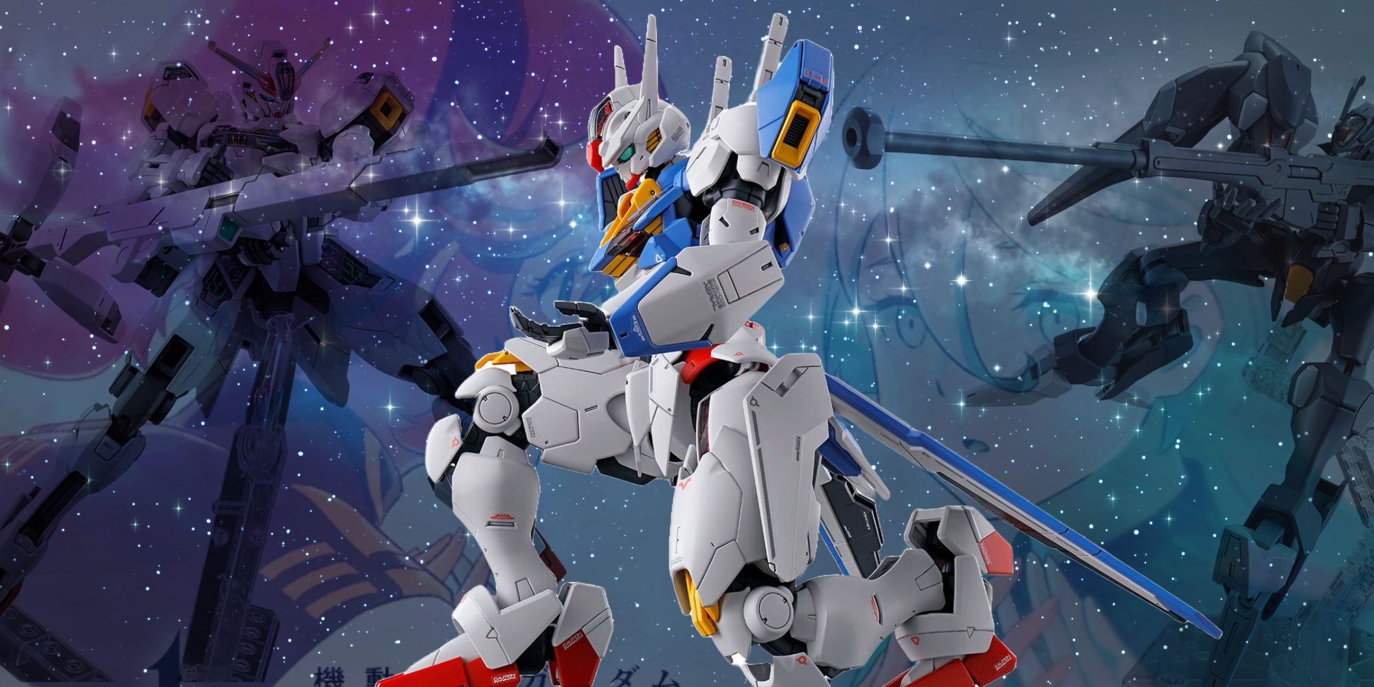 The Gundam Aerial Full Mechanics Model Kit kneels in front of a starry background which faintly shows other kits as well as Suletta and Miroine