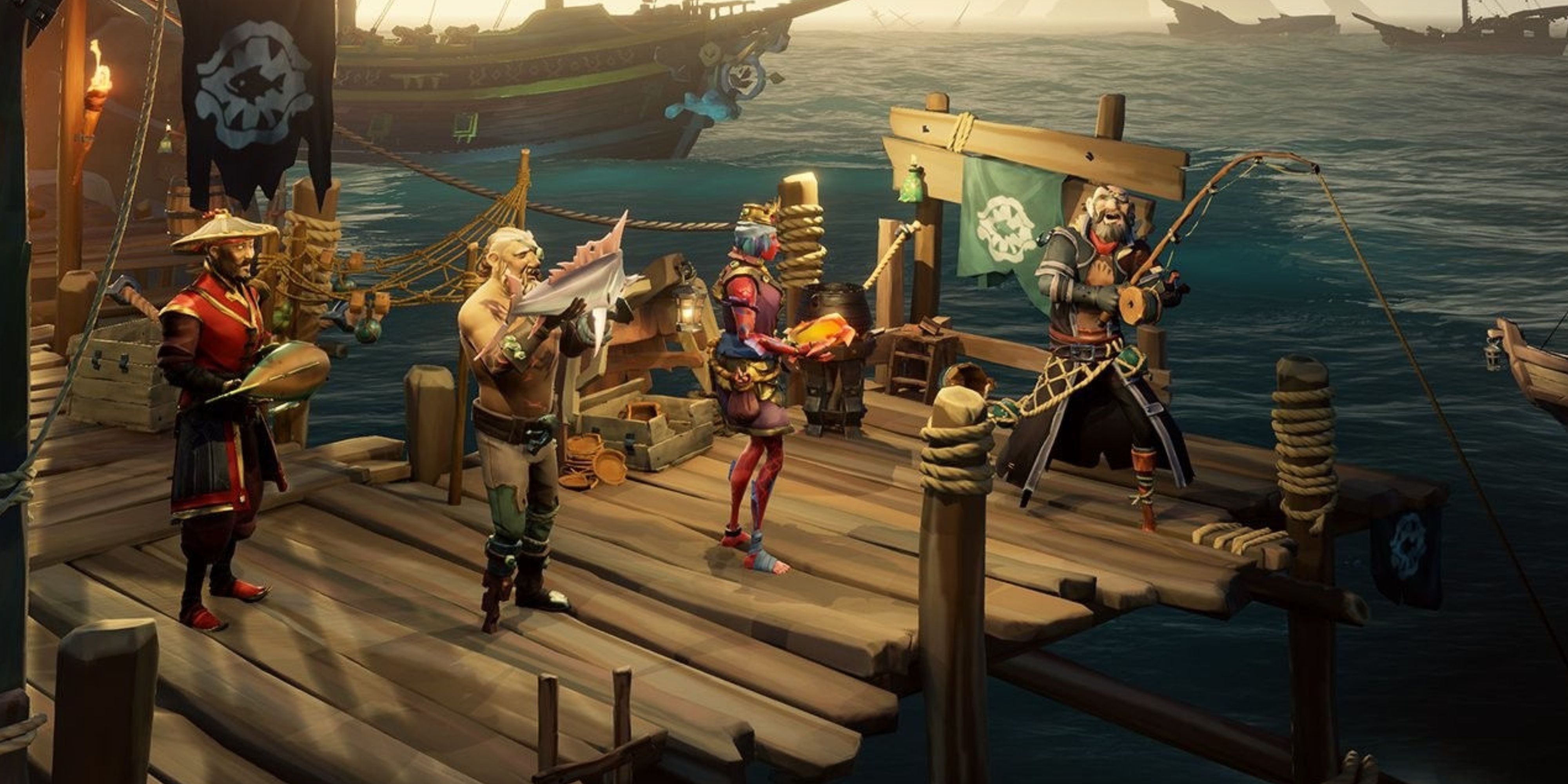 Screenshot of a group of pirates standing on the dock in Sea of Thieves.