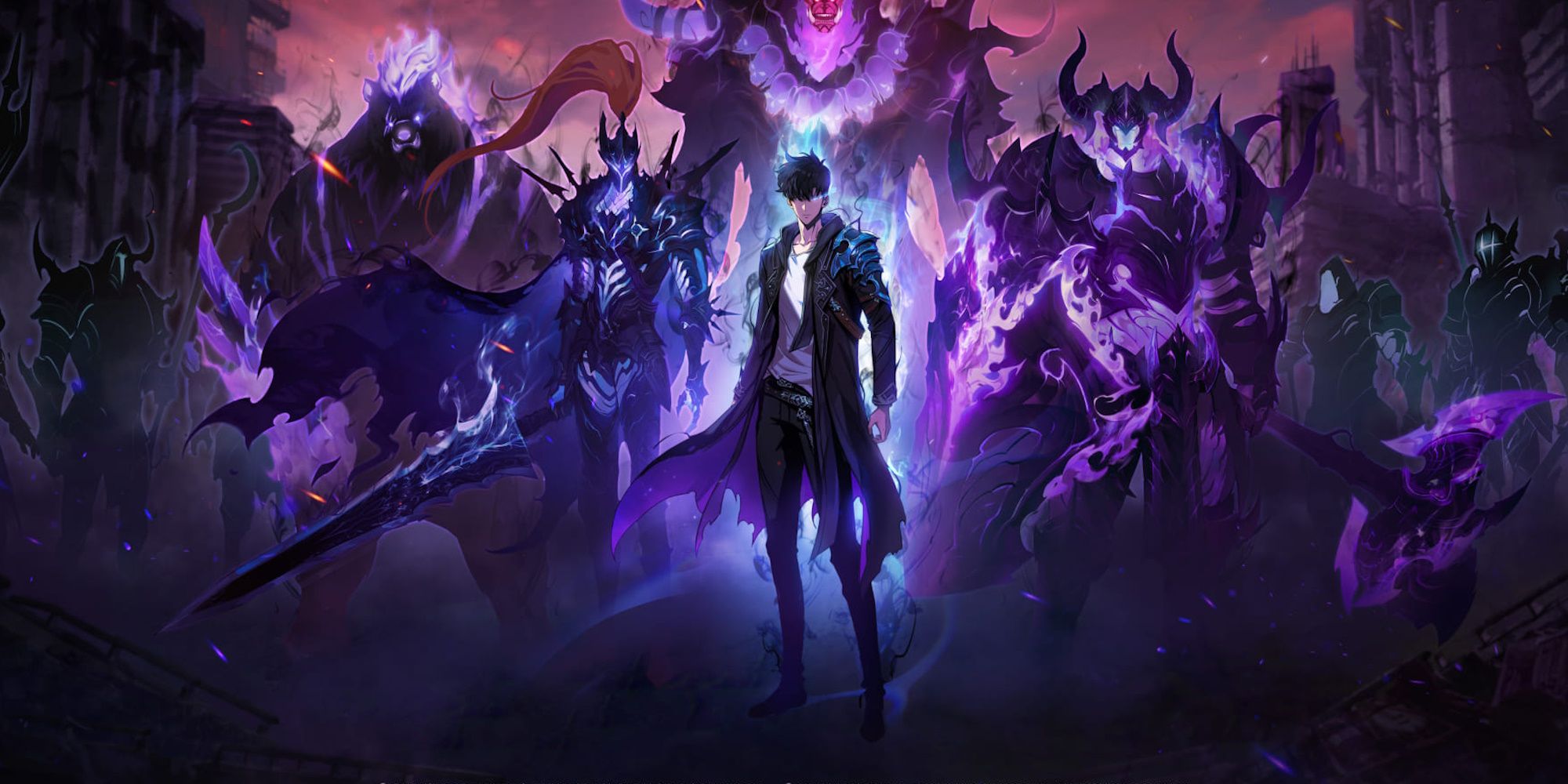 Image of Solo Leveling Arise main character and summoned creatures.