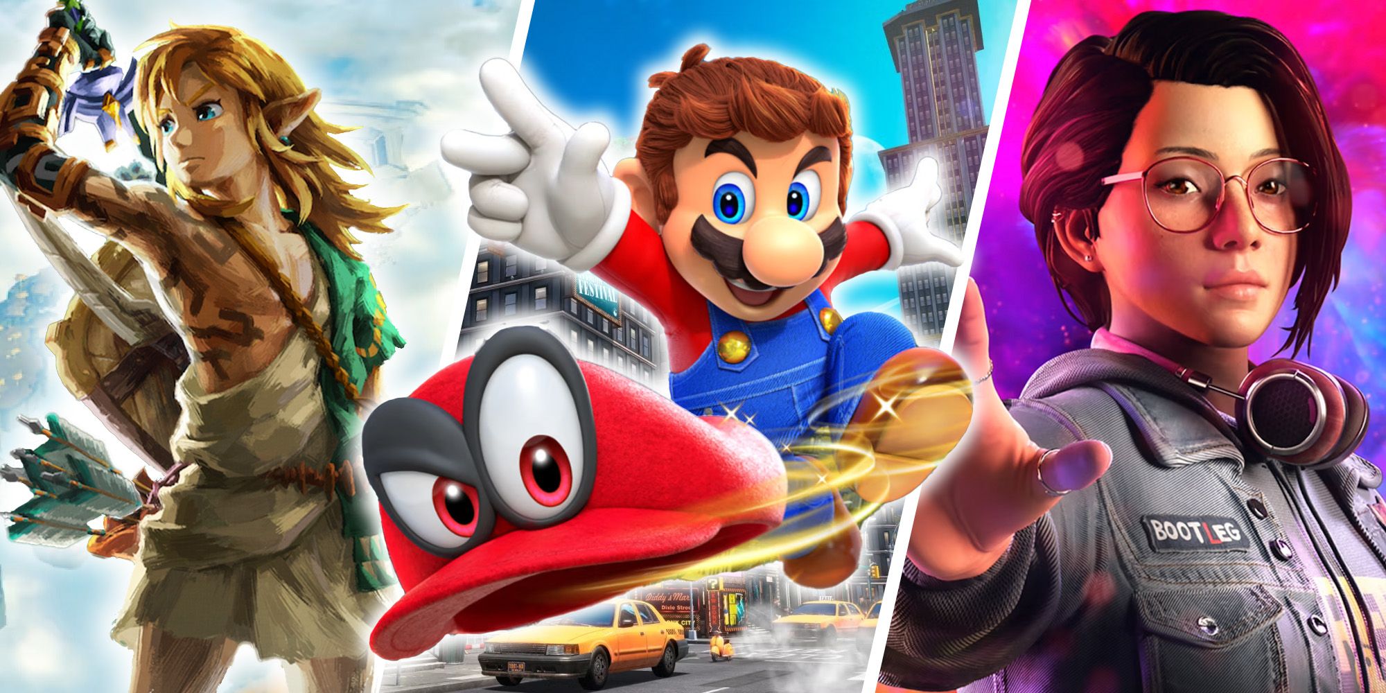 The Most Immersive Nintendo Switch Games - Split image of The Legend Of Zelda Tears Of The Kingdon, Super Mario Odyssey, and Life Is Strange True Colors