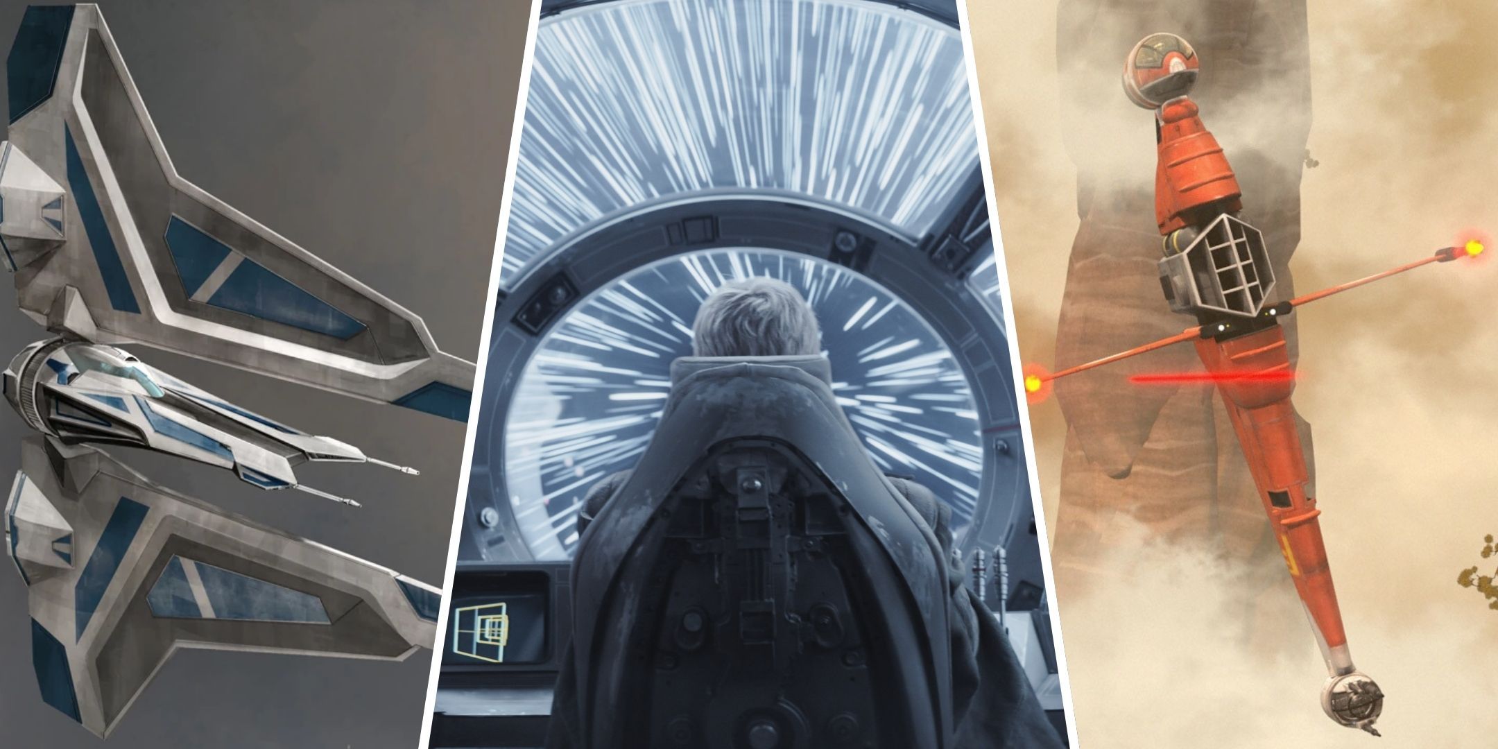 Star Wars - split image of a Gauntlet starfighter Luthen Rael in his ship and the prototype B-wing in Star Wars Rebels