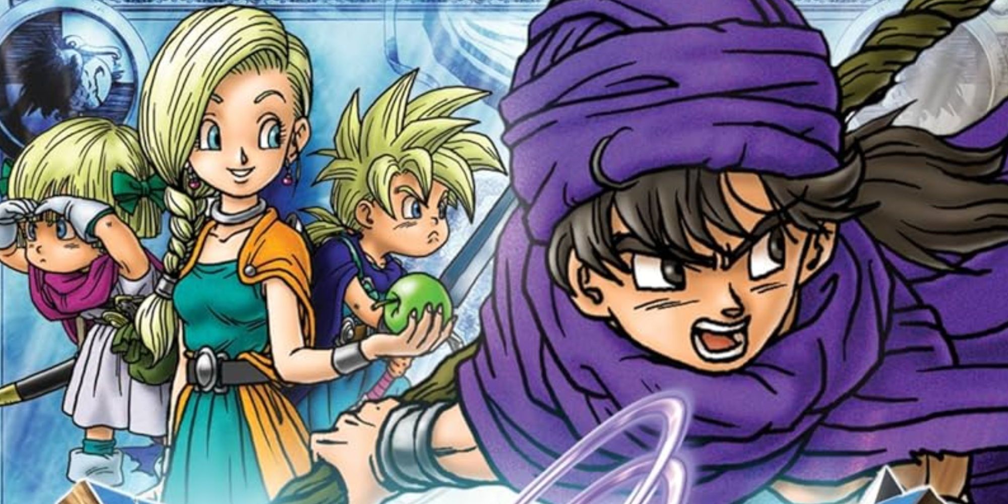 The hero from Dragon Quest 5 standing with his party members.