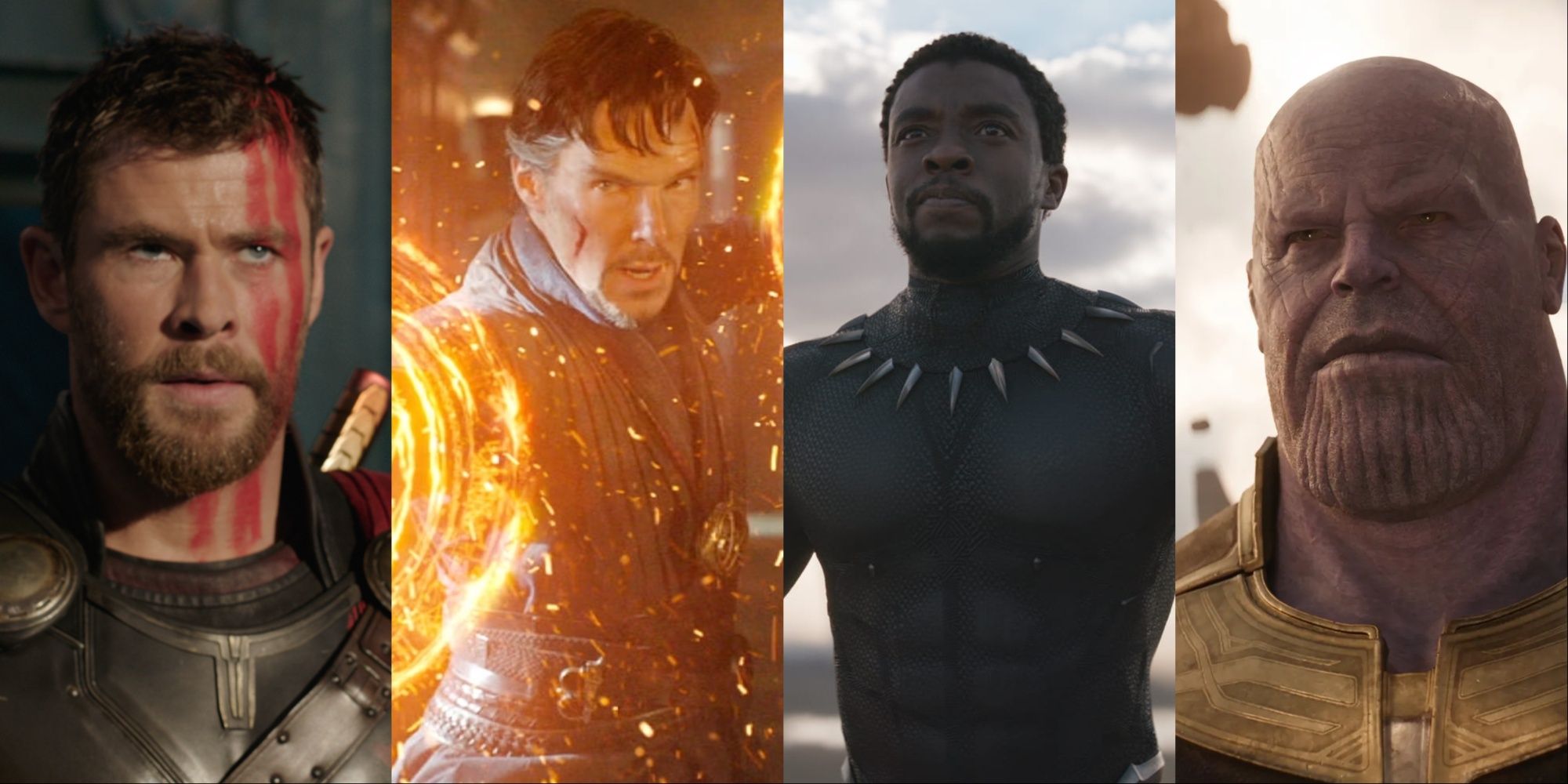 Thor (Chris Hemsworth), Stephen Strange (Benedict Cumberbatch), T'Challa/Black Panther (Chadwick Boseman), and Thanos (Josh Brolin), from the MCU