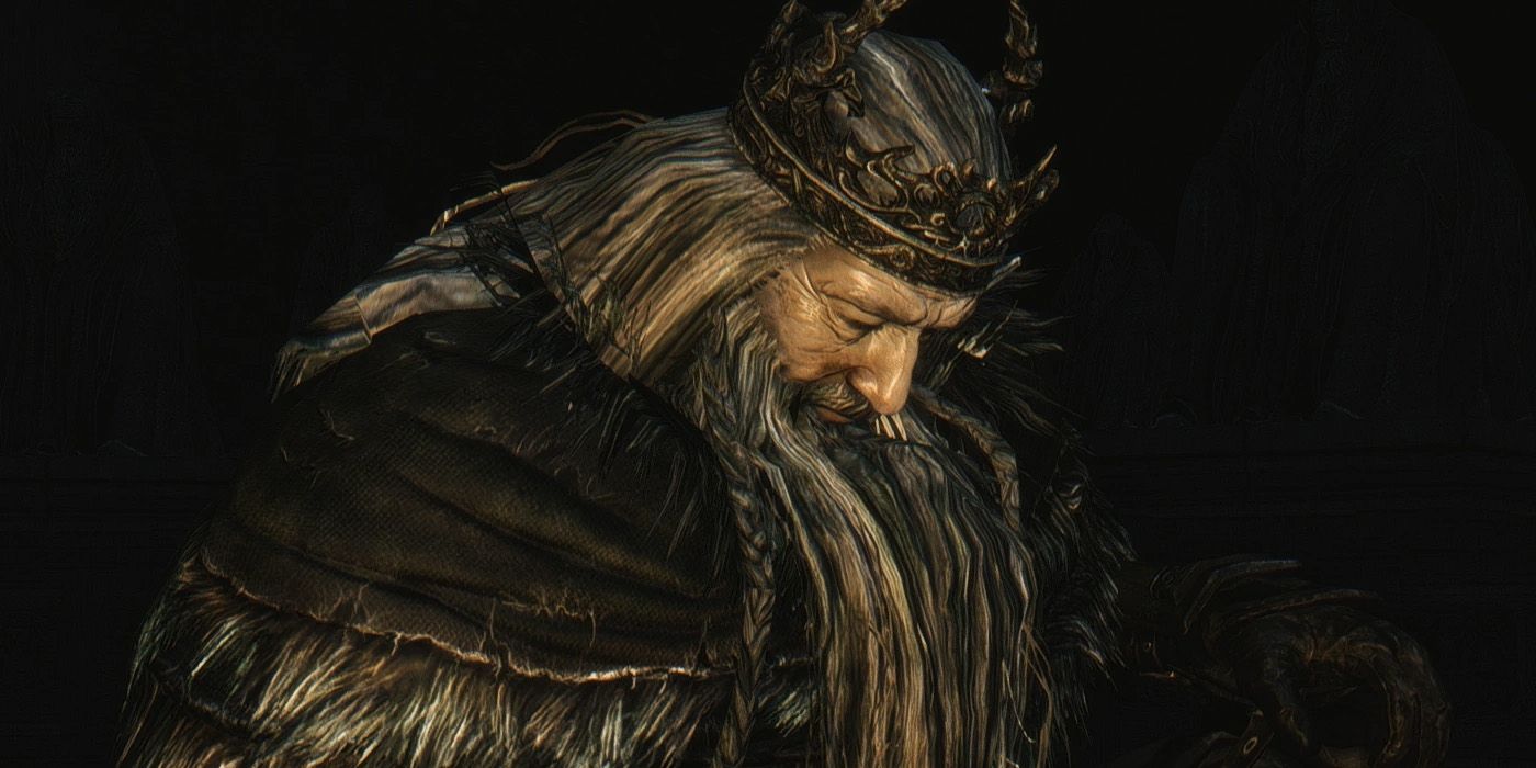 King Vendrick with his head down and his eyes closed from Dark Souls 2.