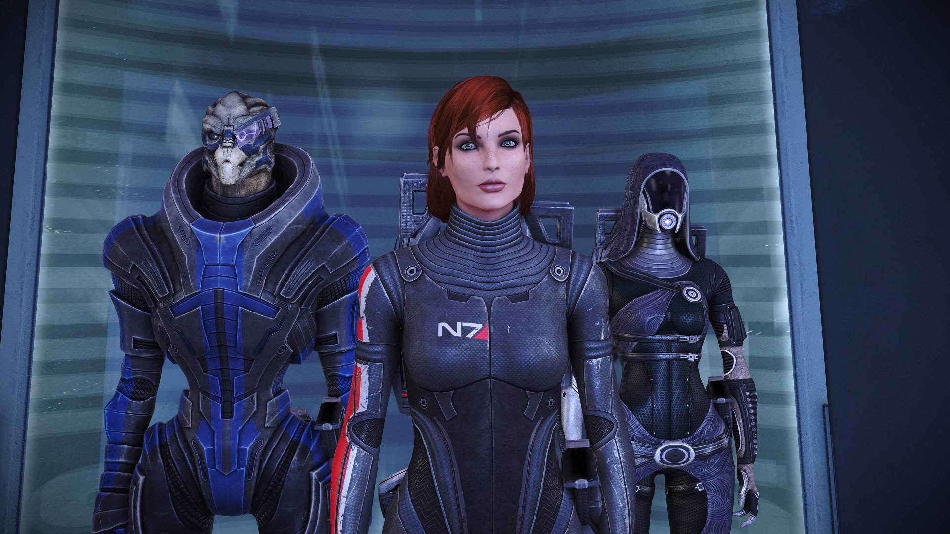 Mass Effect Legendary Edition screenshot of Shepard, Garrus, and Tali on an elevator