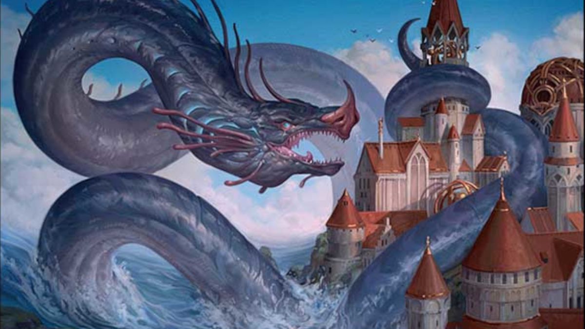 A sea monster emerges from the ocean and wraps itself around a castle