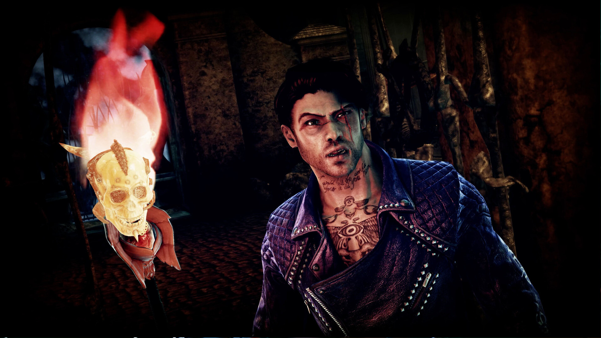 Shadows of the Damned Hella Remastered - Protagonists Garcia Hotspur and hist flaming skull sidekick Johnson.