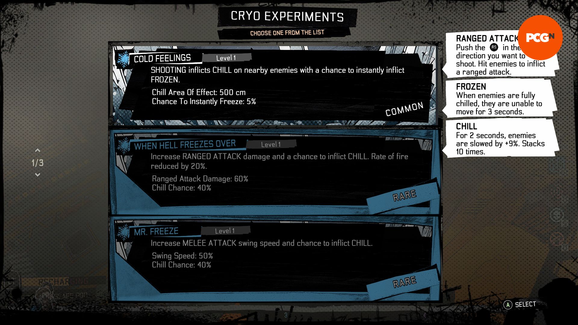 Redacted: a screenshot of the player choosing one of three upgrades