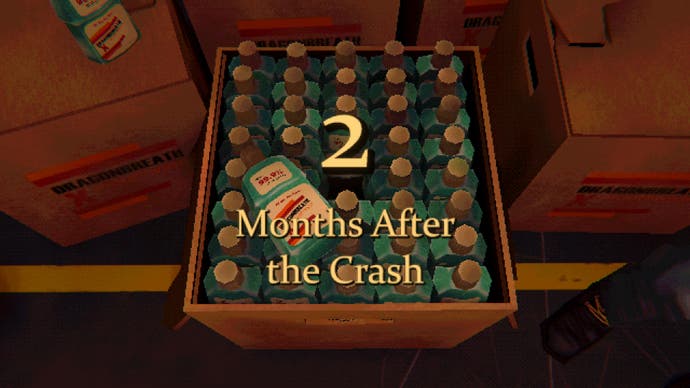 A box of mouthwash is opened, with the text '2 months after the crash' on the screen in Mouthwashing.