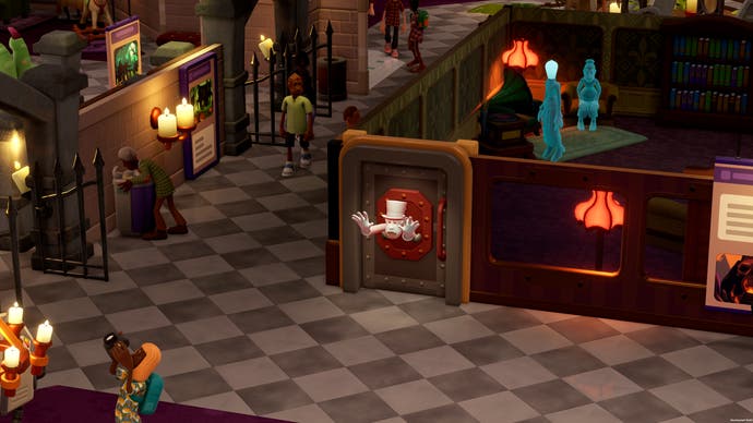 Two Point Museum screenshot showing ghostly wall hanging and green ghosts in the background