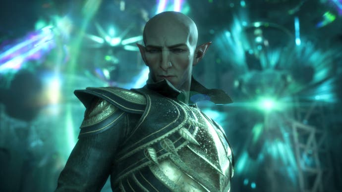 Dragon Age goodie-baddie Solas turns to the camera as a magical green malestrom swirls around him.