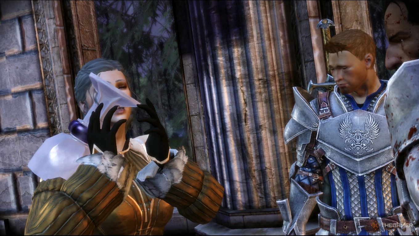 The Joining in Dragon Age: Origins, showing the player character drinking from a chalice. However, an animation bug means they've missed their mouth completely