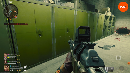 Five yellow lockers lined up in the Terminus armory, where you can use Black Ops 6 Zombies loot keys.